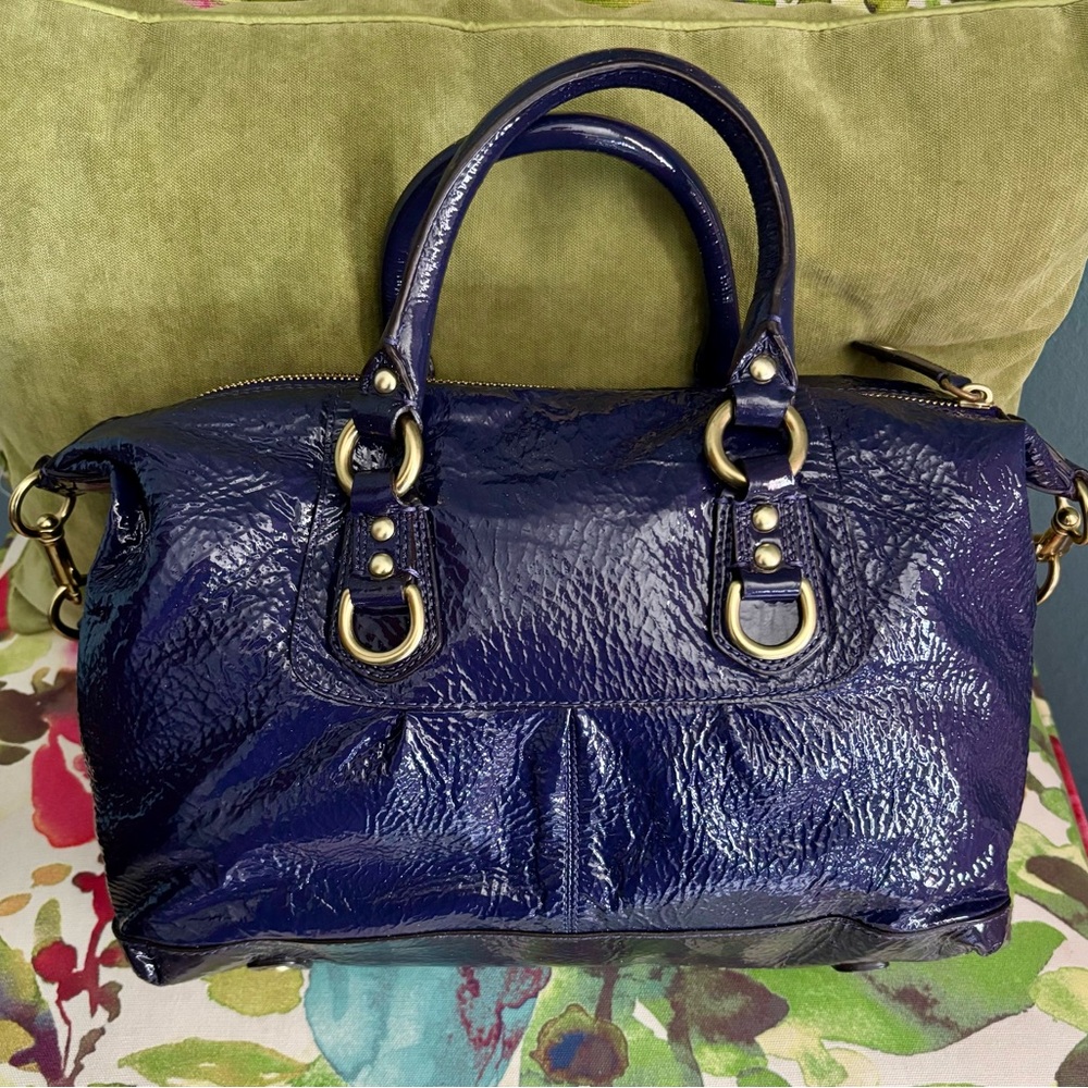 Coach Patent Leather Satchel in Deep Navy Blue with Gold Hardware - Picture 2 of 11